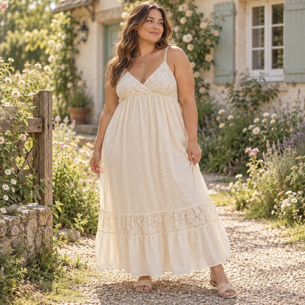 Anna Kaci Milkmaid Maxi Dress Sz XL Boho Cottagecore Lace Tiered Beach Wedding